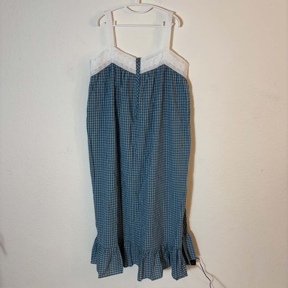Vintage Victoria's Secret Nightgown Size Large Blue Plaid Cotton Lace Trim